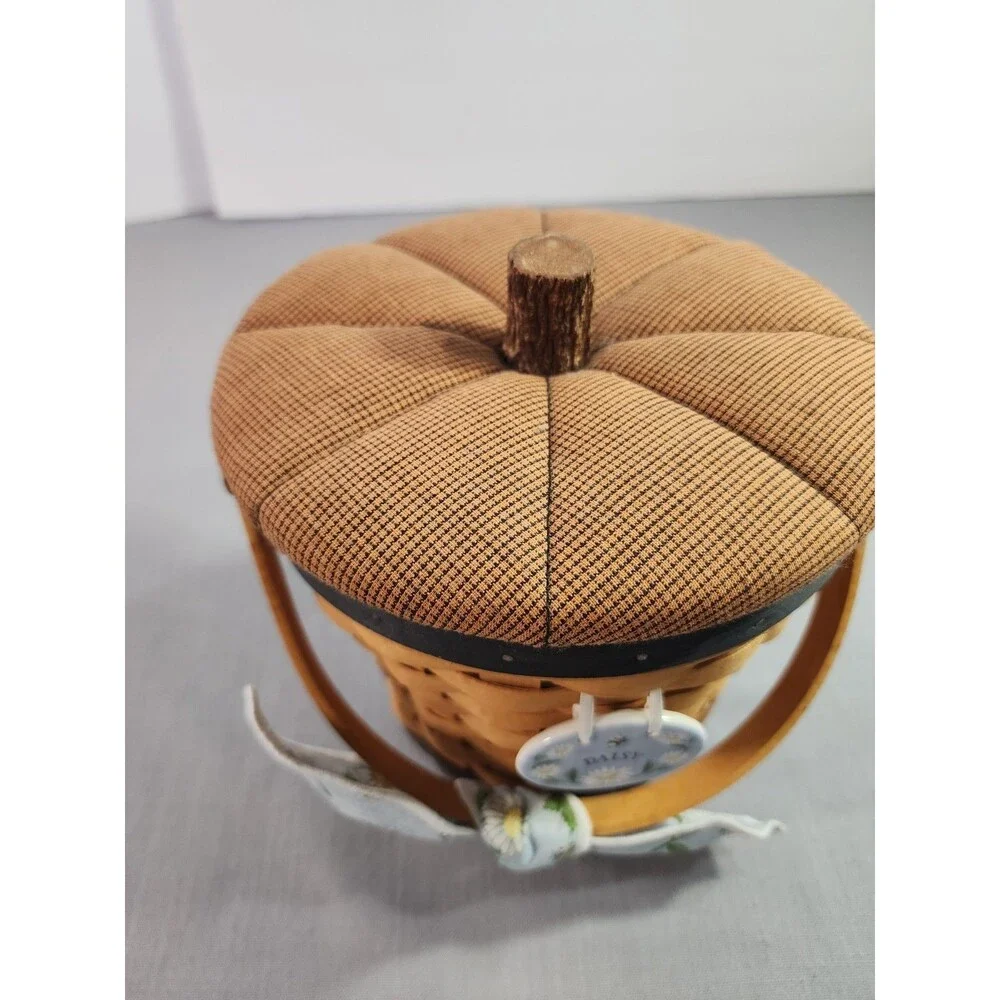 Longaberger 1999 Daisy Basket Handwoven with Fabric Pumpkin Lid & Handle Decor